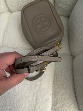 Tory Burch Pebbled Taupe Leather Crossbody Camera Bag